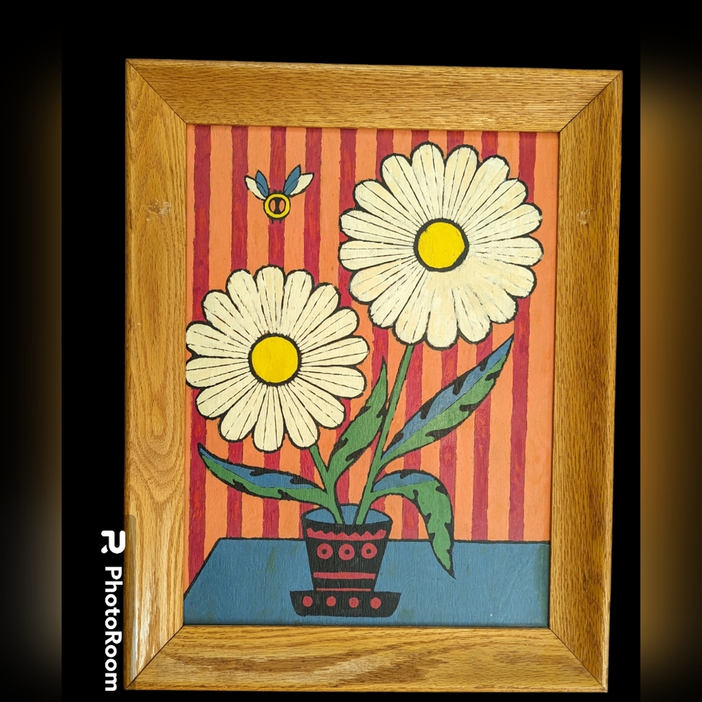 Vintage Wooden hand painted flower picture